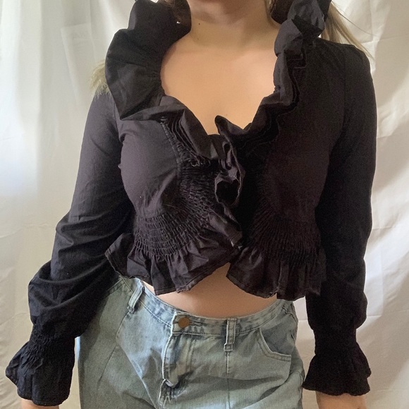 black ruffled high collared long sleeve blouse - Picture 2 of 3